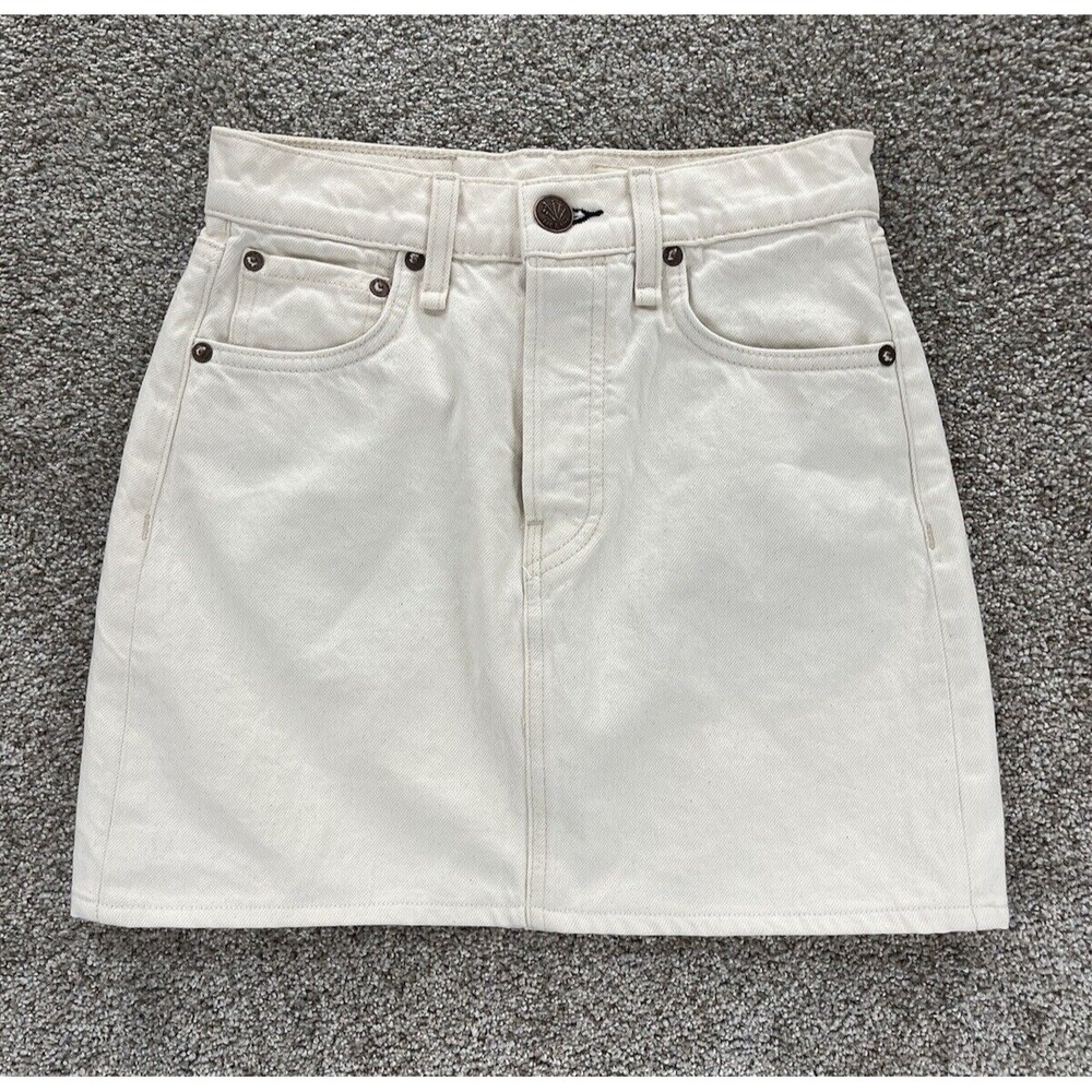 RAG & BONE Mini Skirt Womens 23 White Ecru Button Fly 100% Organic Cotton Denim